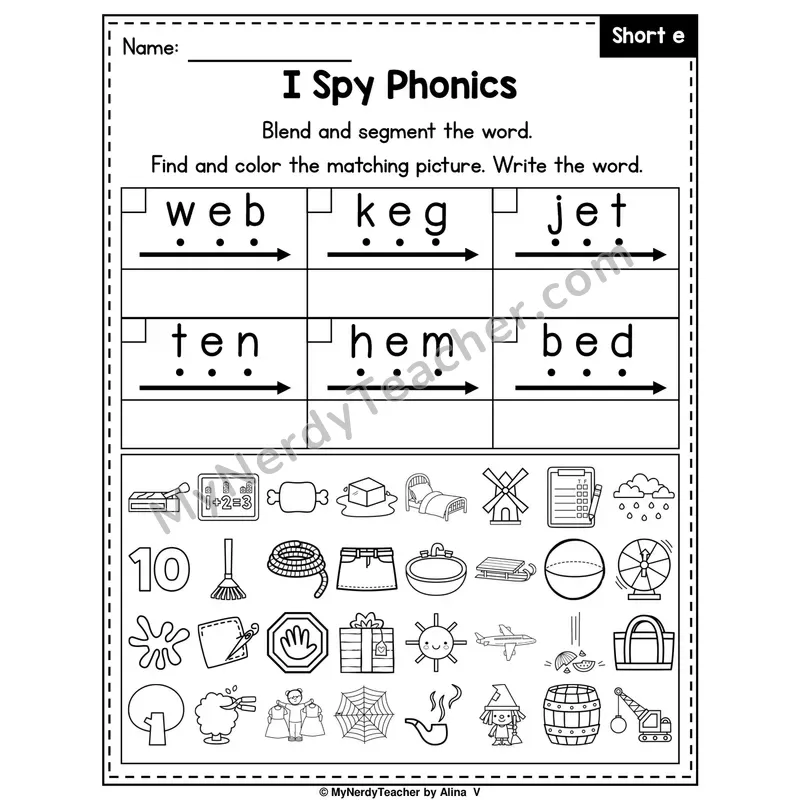I Spy Phonics Worksheet — Short E CVC Words