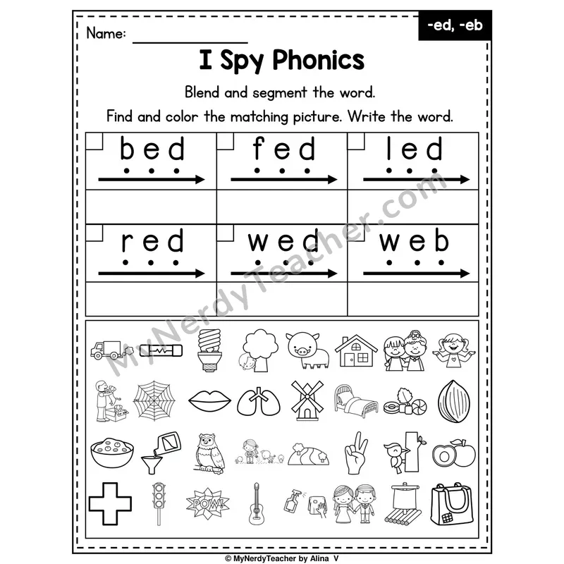 I Spy Phonics Worksheet — Short E CVC Words — -ed, -eb