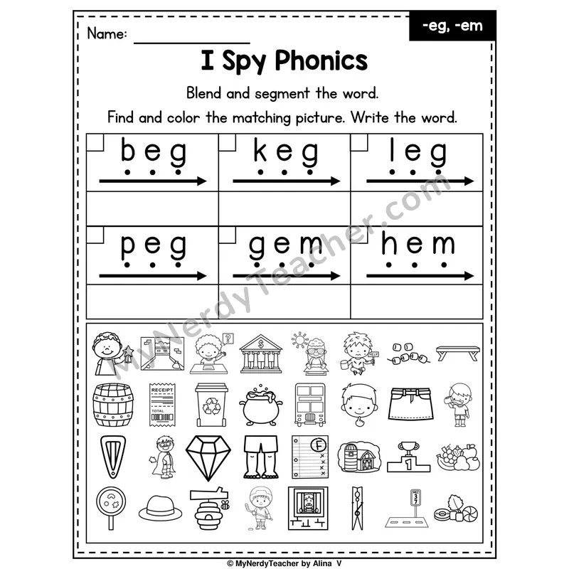 I Spy Phonics Worksheet — Short E CVC Words — -eg, -em