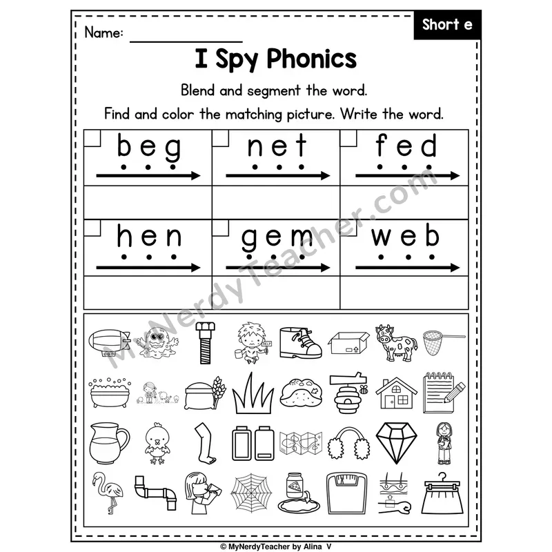 I Spy Phonics Worksheet — Short E CVC Words