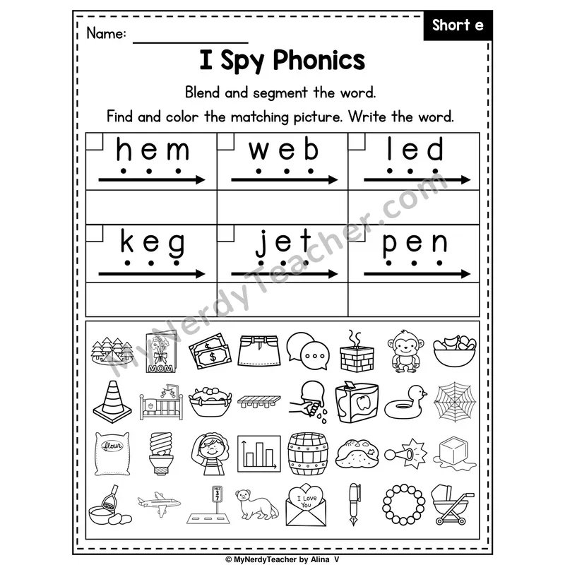 I Spy Phonics Worksheet — Short E CVC Words