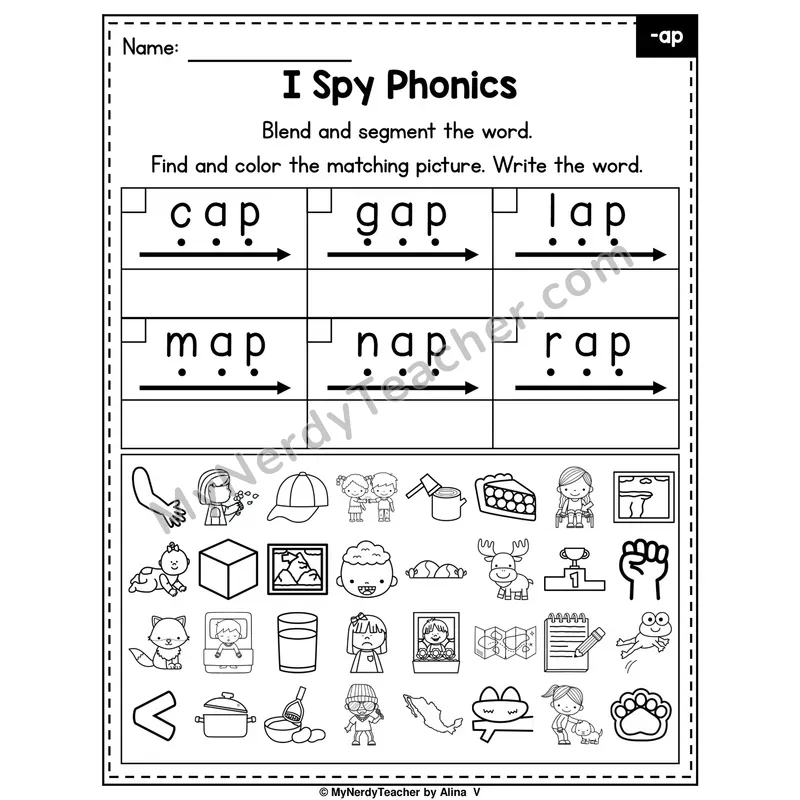 I Spy Phonics Worksheet — Short A CVC Words — -ap