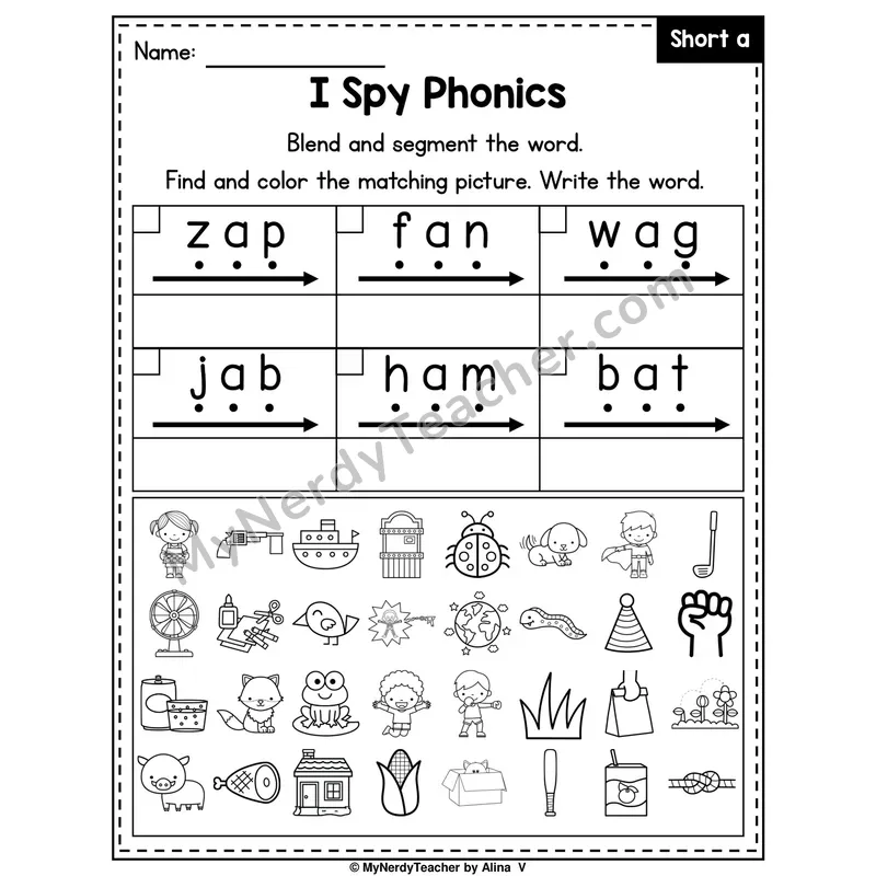 I Spy Phonics Worksheet — Short A CVC Words