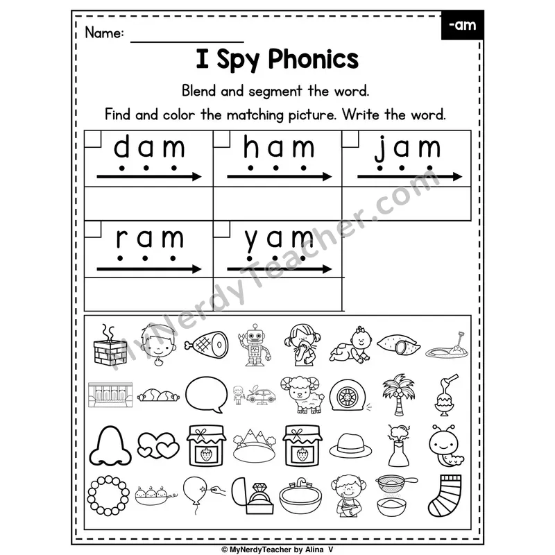 I Spy Phonics Worksheet — Short A CVC Words — -am