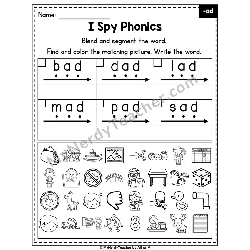 I Spy Phonics Worksheet — Short A CVC Words — -ad