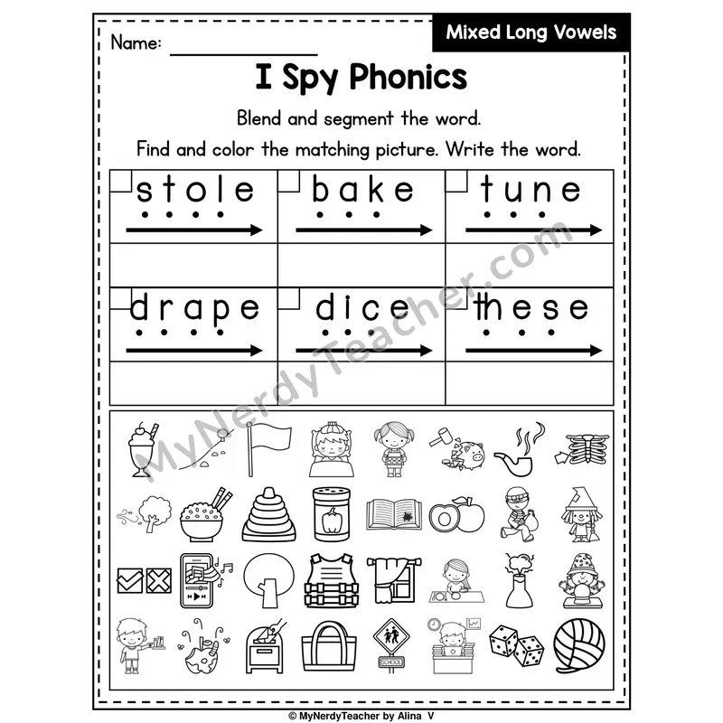 I Spy Phonics Worksheet — Mixed Long Vowels (Silent E)