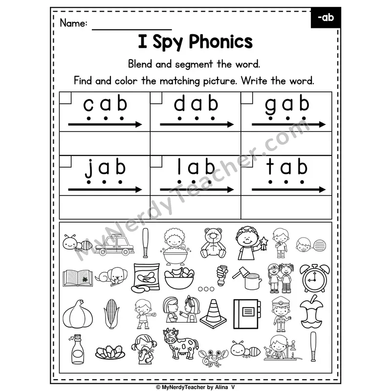 I Spy Phonics Worksheet — Short A CVC Words — -ab