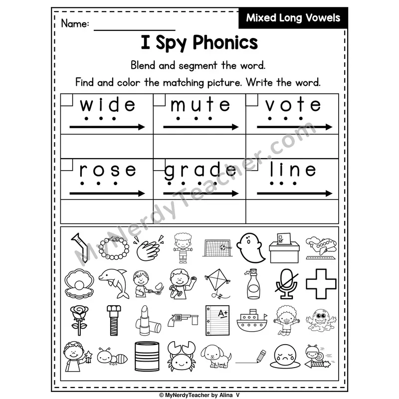 I Spy Phonics Worksheet — Mixed Long Vowels (Silent E)