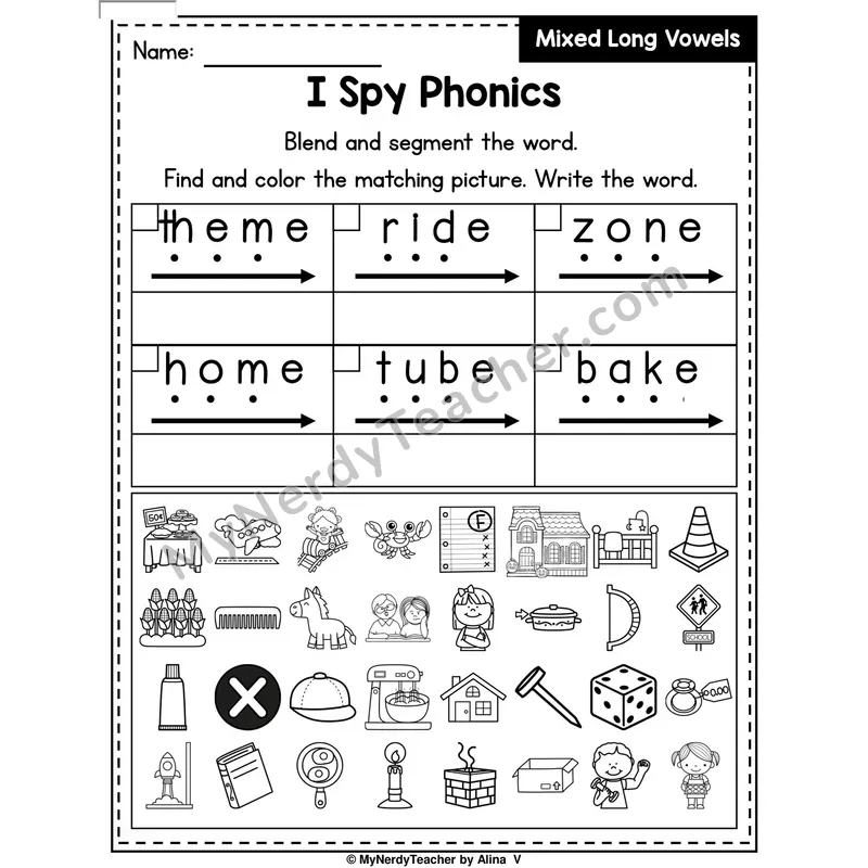 I Spy Phonics Worksheet — Mixed Long Vowels (Silent E)
