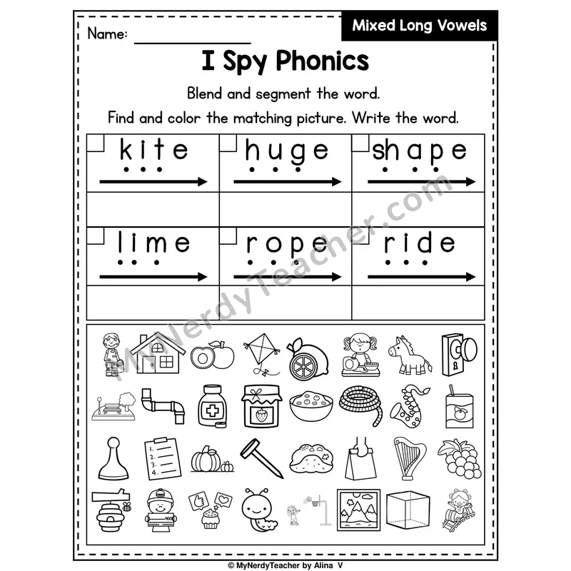 I Spy Phonics Worksheet — Mixed Long Vowels (Silent E)