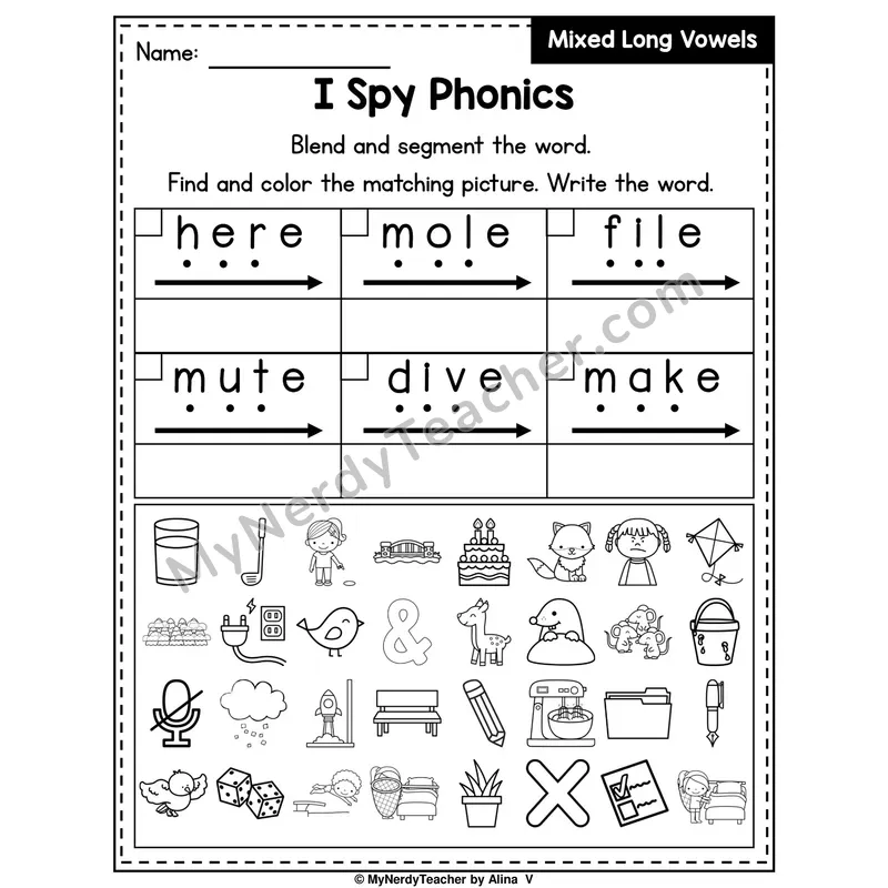 I Spy Phonics Worksheet — Mixed Long Vowels (Silent E)