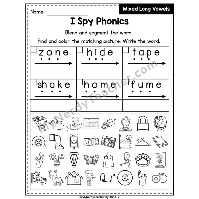 I Spy Phonics Worksheet — Mixed Long Vowels (Silent E)