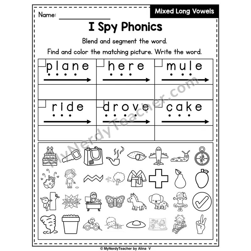I Spy Phonics Worksheet — Mixed Long Vowels (Silent E)