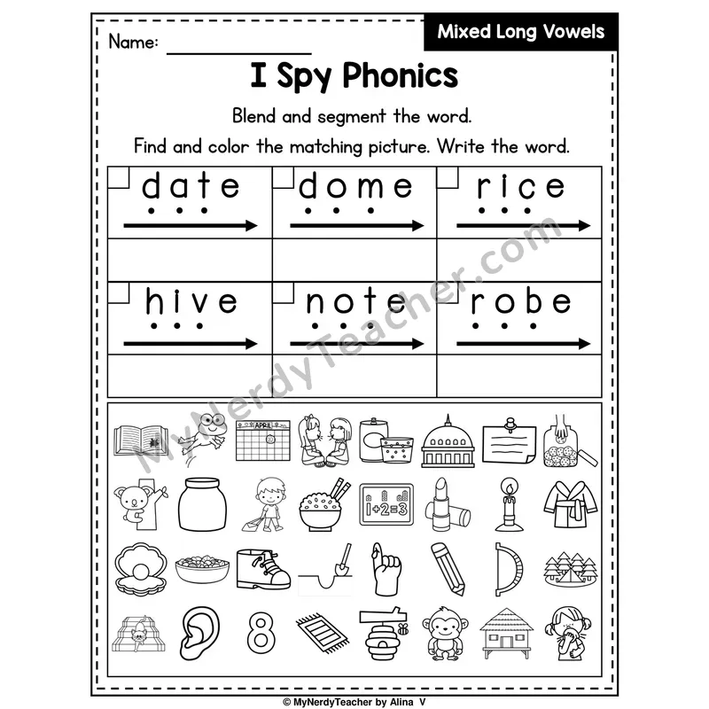 I Spy Phonics Worksheet — Mixed Long Vowels (Silent E)