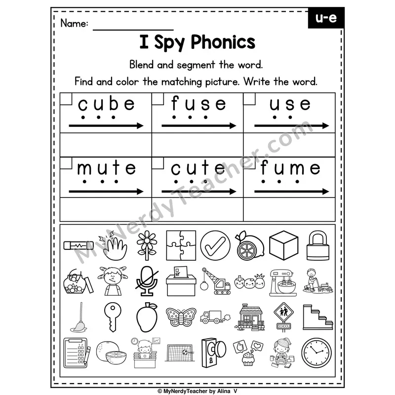 I Spy Phonics Worksheet — Long U (u_e) — Silent E