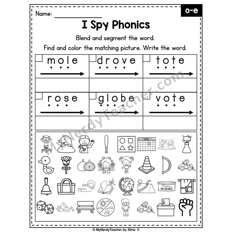 I Spy Phonics Worksheet — Long O (o_e) — Silent E