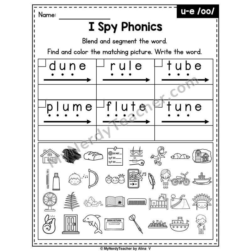 I Spy Phonics Worksheet — Long U (u_e) and oo