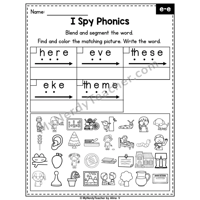 I Spy Phonics Worksheet — Long E (e_e) — Silent E