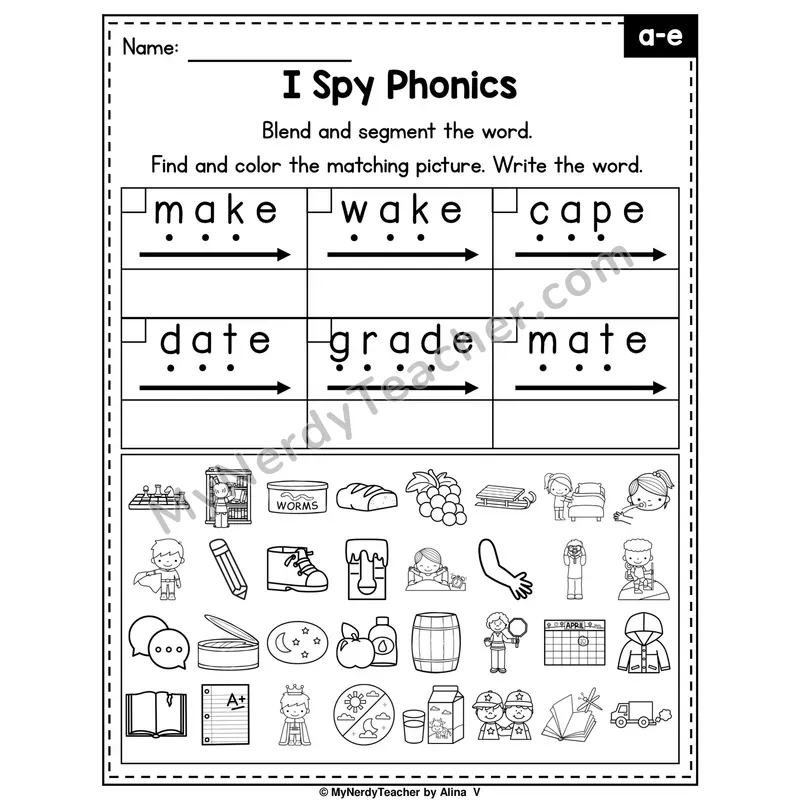 I Spy Phonics Worksheet — Long A (a_e) — Silent E