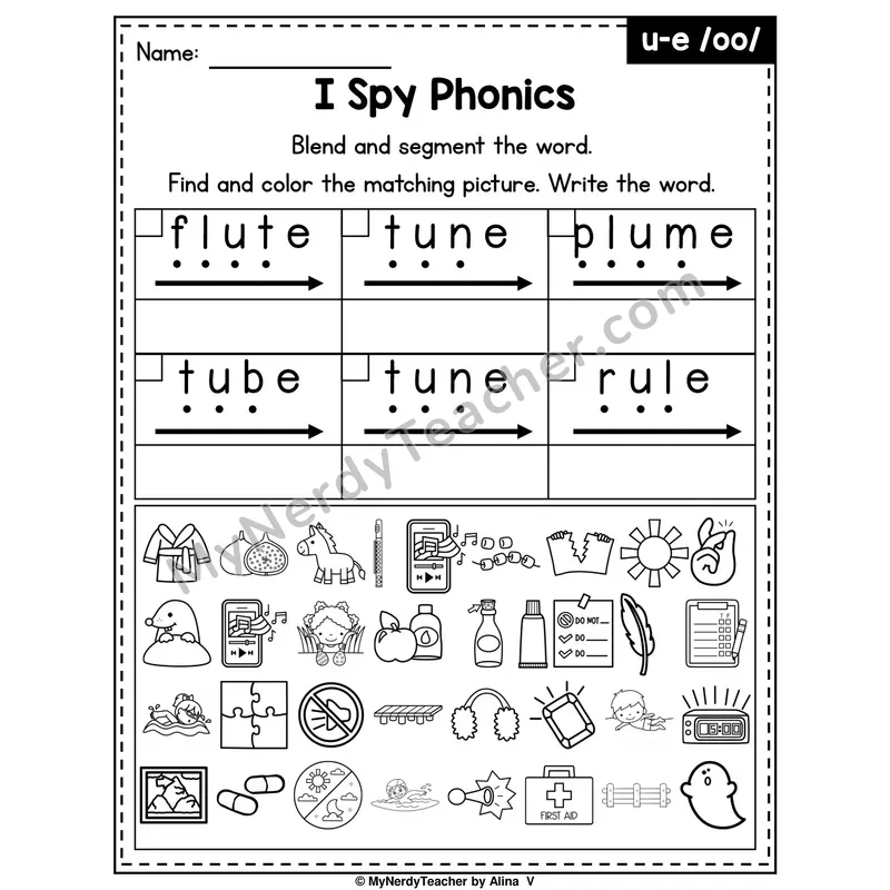 I Spy Phonics Worksheet — Long U (u_e) and oo