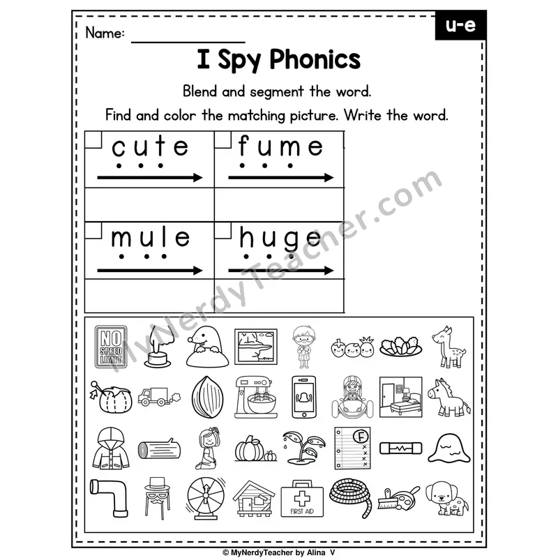 I Spy Phonics Worksheet — Long U (u_e) — Silent E