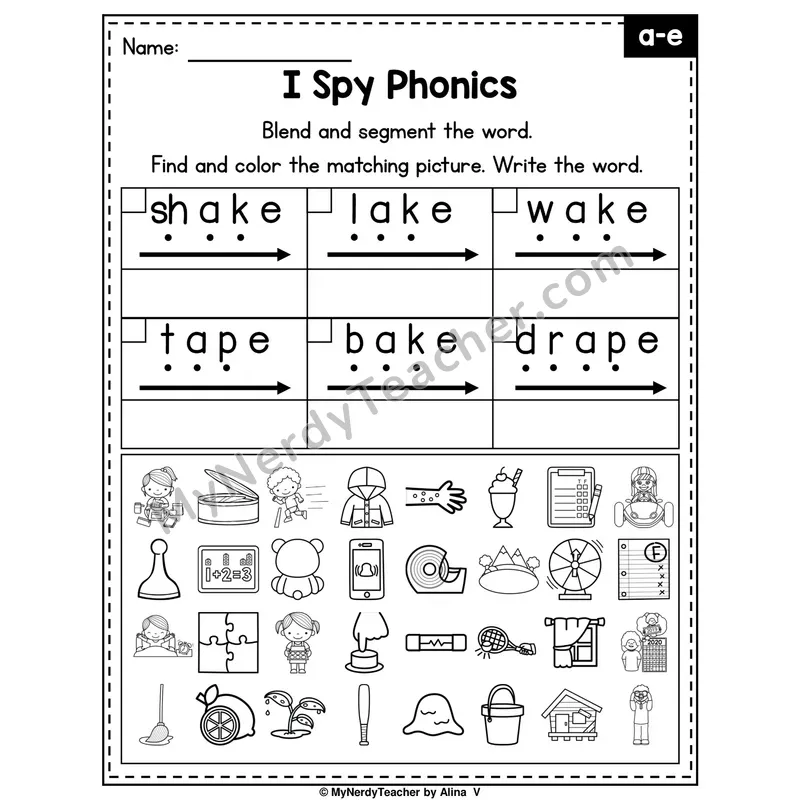 I Spy Phonics Worksheet — Long A (a_e) — Silent E
