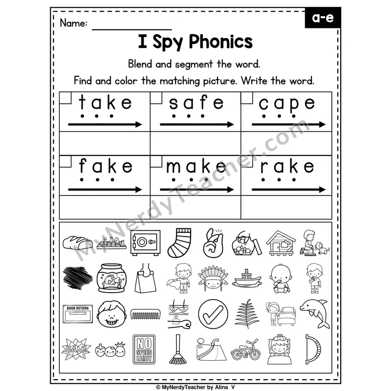 I Spy Phonics Worksheet — Long A (a_e) — Silent E