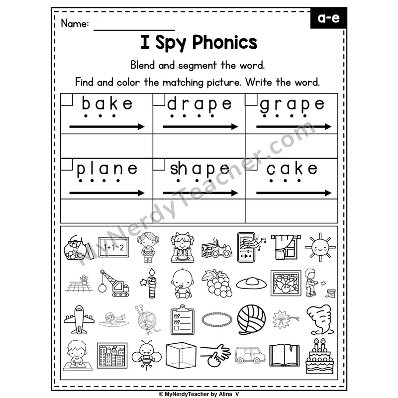 I Spy Phonics Worksheet — Long A (a_e) — Silent E