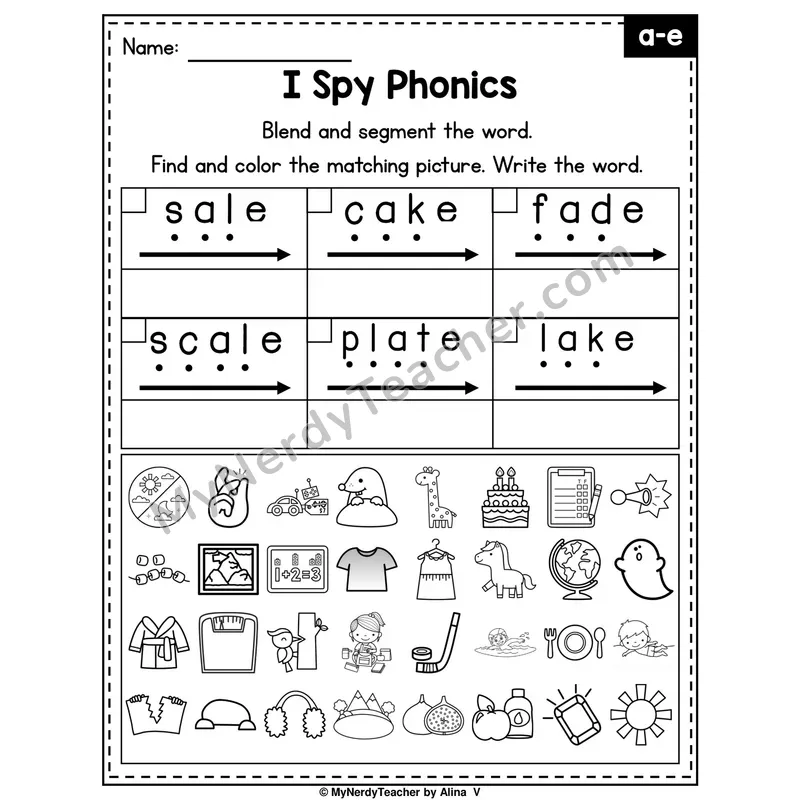 I Spy Phonics Worksheet — Long A (a_e) — Silent E