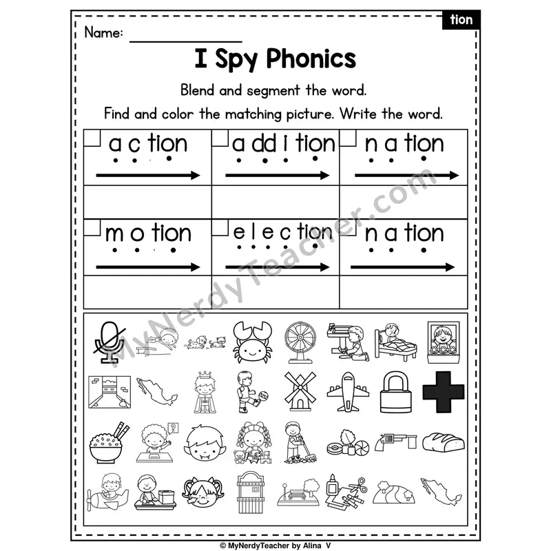 I Spy Phonics Worksheet — -tion Suffix