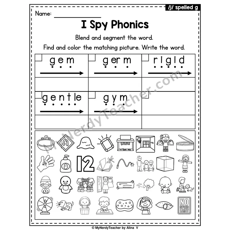 I Spy Phonics Worksheet — /j/ Sound Spelled g