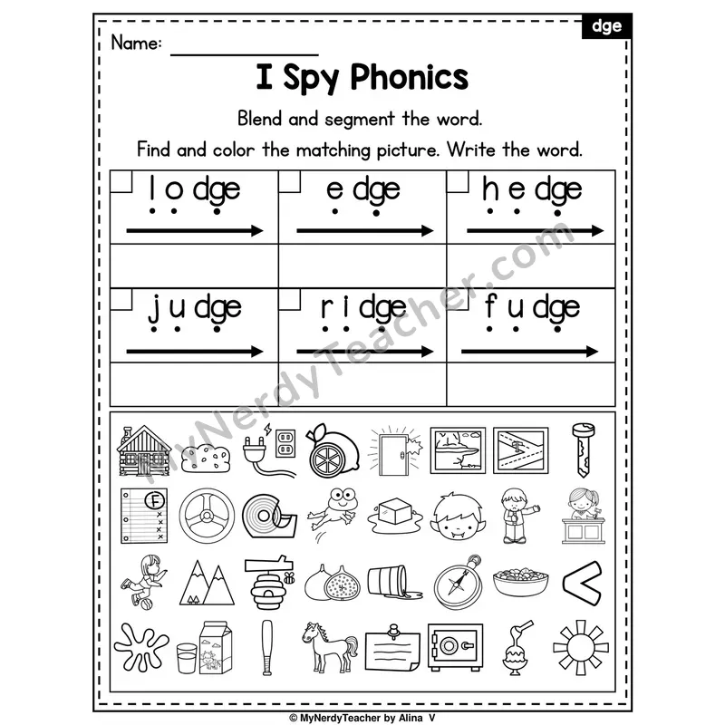 I Spy Phonics Worksheet — dge Trigraph