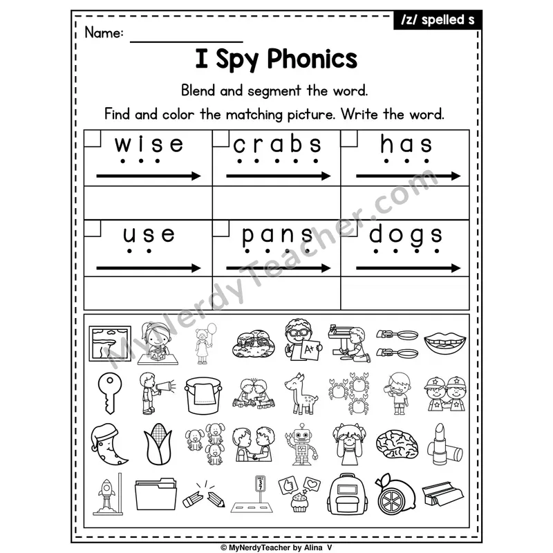 I Spy Phonics Worksheet — /z/ Sound Spelled s