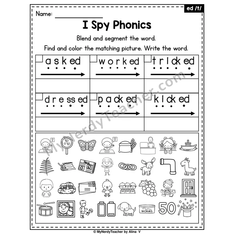 I Spy Phonics Worksheet — -ed Ending (/t/ sound)