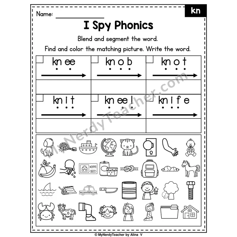 I Spy Phonics Worksheet — kn Silent Letters