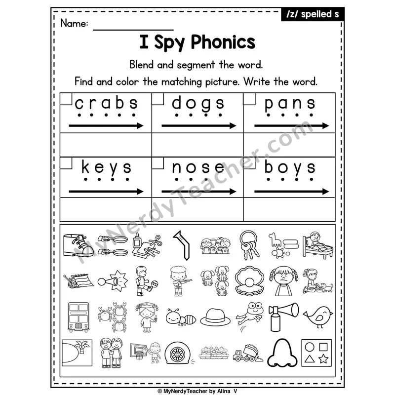 I Spy Phonics Worksheet — /z/ Sound Spelled s