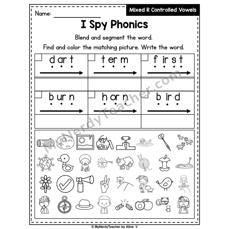 I Spy Phonics Worksheet — Mixed R-Controlled Vowels