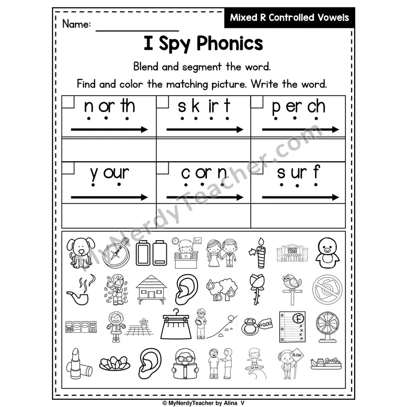 I Spy Phonics Worksheet — Mixed R-Controlled Vowels