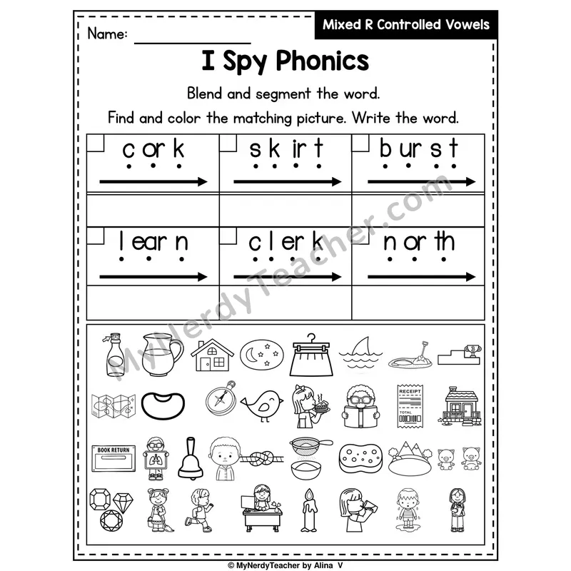 I Spy Phonics Worksheet — Mixed R-Controlled Vowels