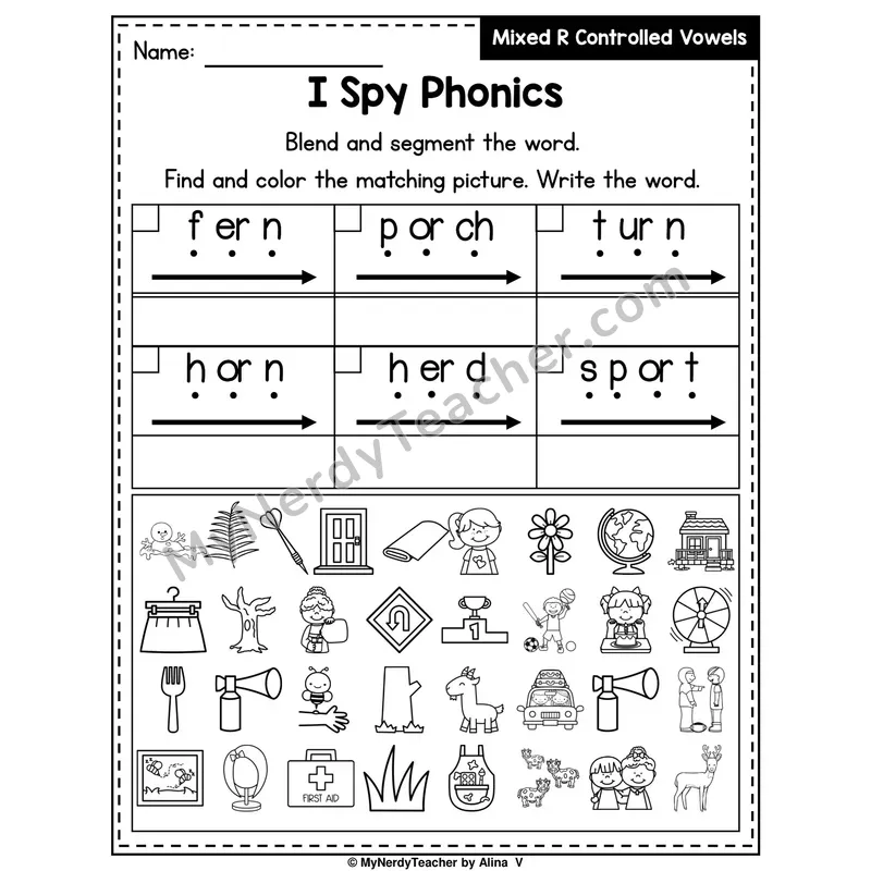 I Spy Phonics Worksheet — Mixed R-Controlled Vowels