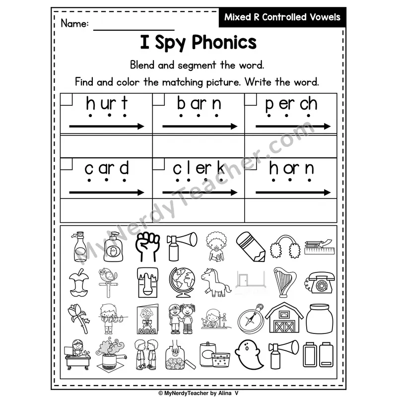I Spy Phonics Worksheet — Mixed R-Controlled Vowels