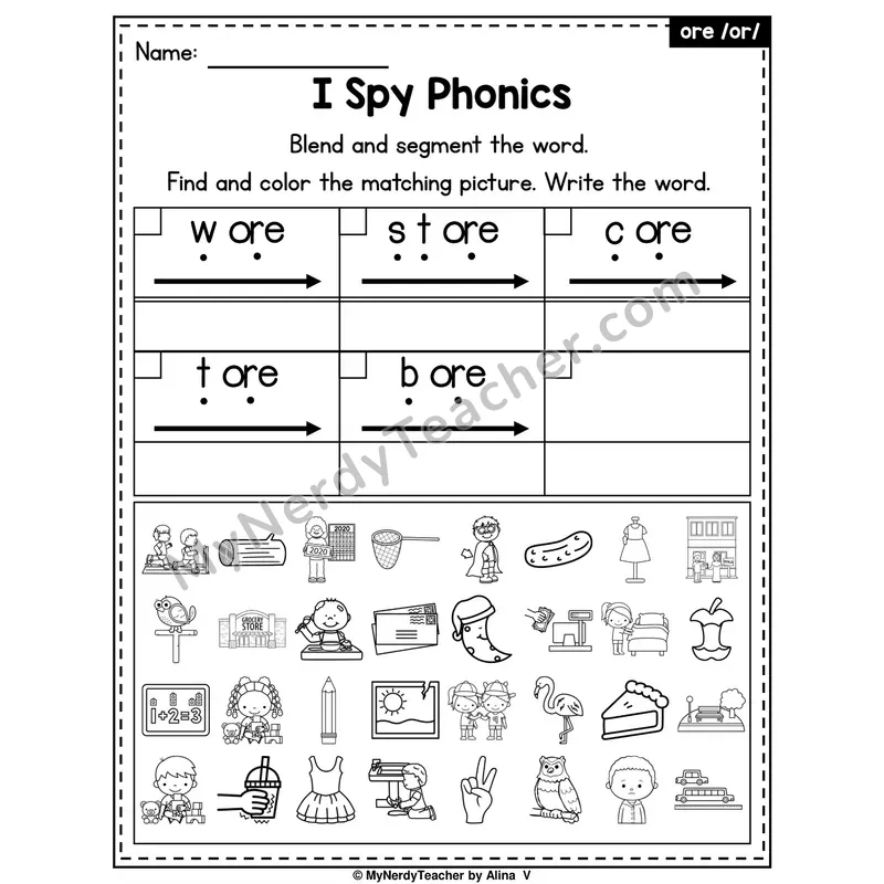 I Spy Phonics Worksheet — ore, or R-Controlled Vowels
