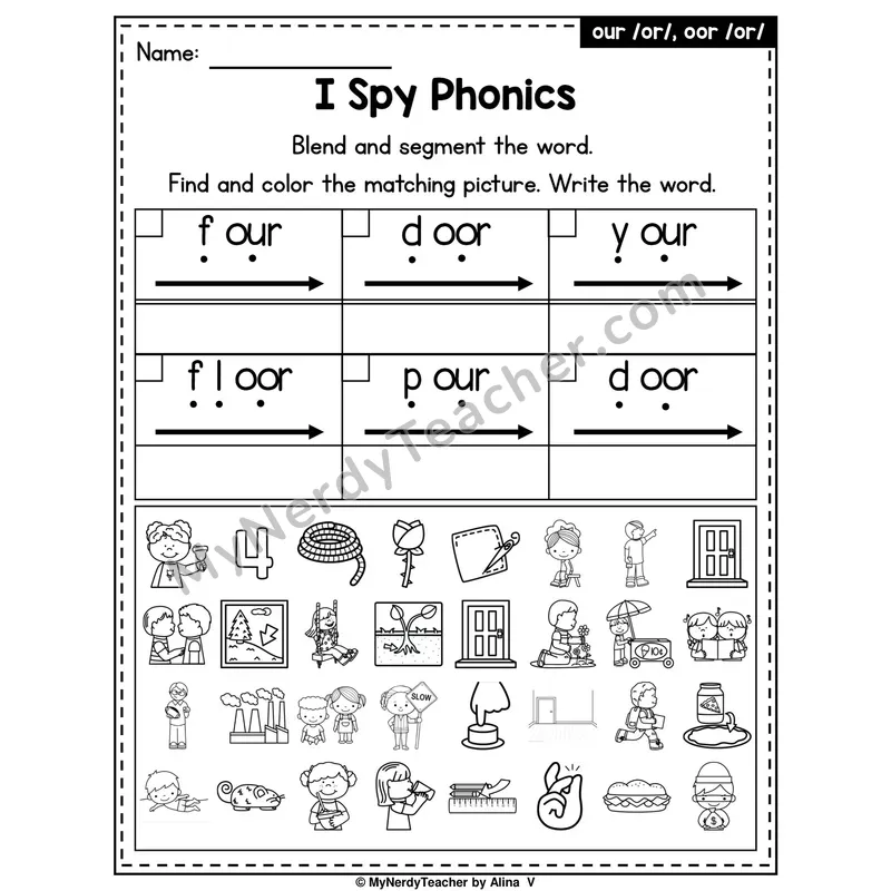 I Spy Phonics Worksheet — our, oor R-Controlled Spellings