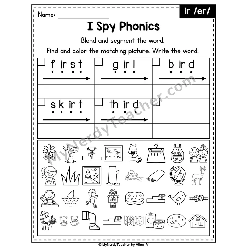 I Spy Phonics Worksheet — ir, er R-Controlled Vowels