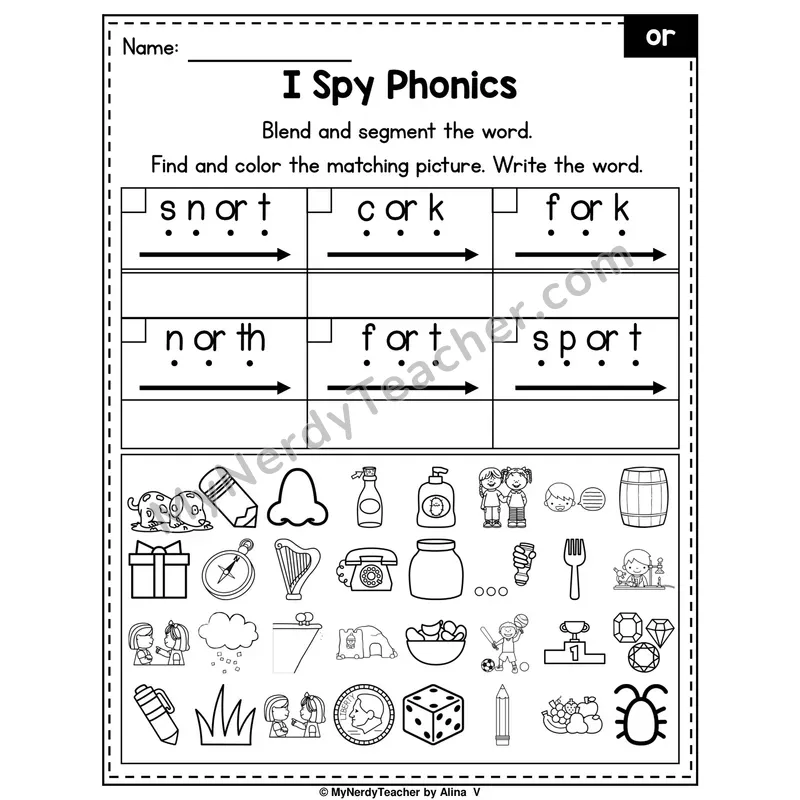 I Spy Phonics Worksheet — or R-Controlled Vowel
