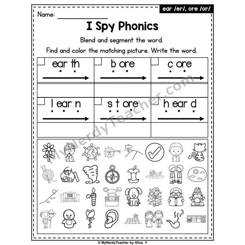I Spy Phonics Worksheet — Mixed R-Controlled — ear, er, ore, or