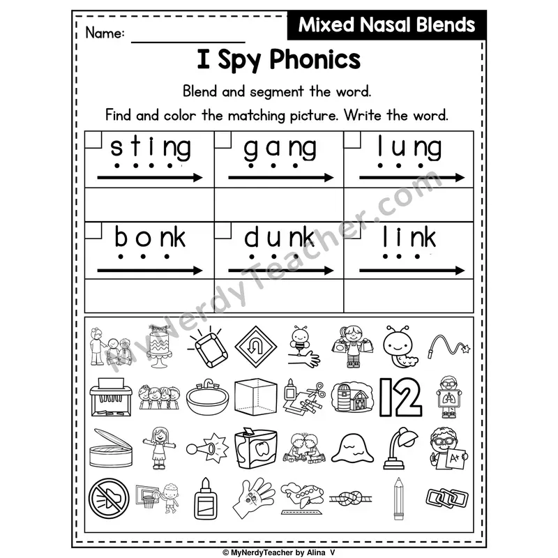 I Spy Phonics Worksheet — Mixed Nasal Blends — ng, nk