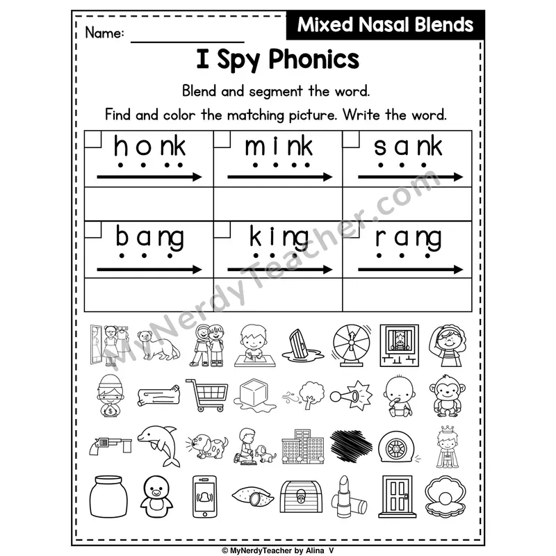 I Spy Phonics Worksheet — Mixed Nasal Blends — ng, nk
