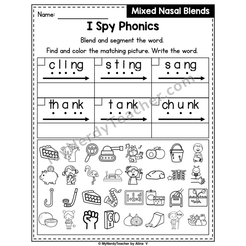 I Spy Phonics Worksheet — Mixed Nasal Blends — ng, nk