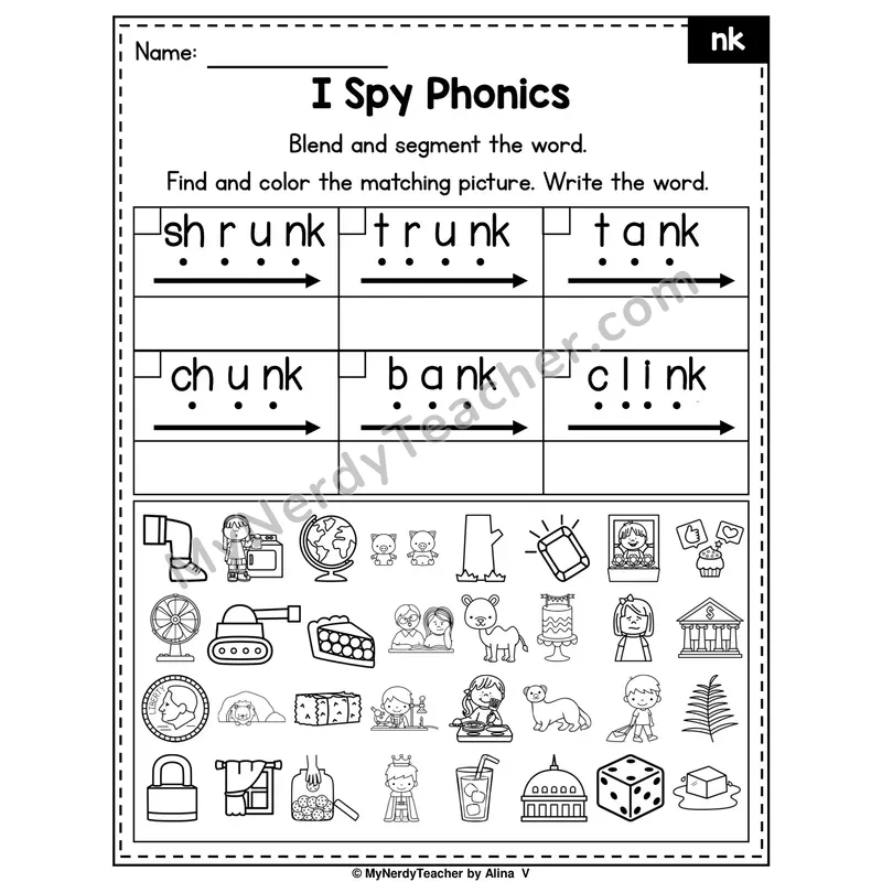 I Spy Phonics Worksheet — NK Nasal Blend